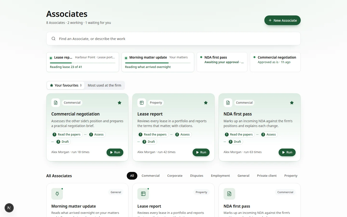 The Associates library in Clava, listing firm Associates such as Commercial negotiation, Lease report and NDA first pass, with their status and a Run button on each.