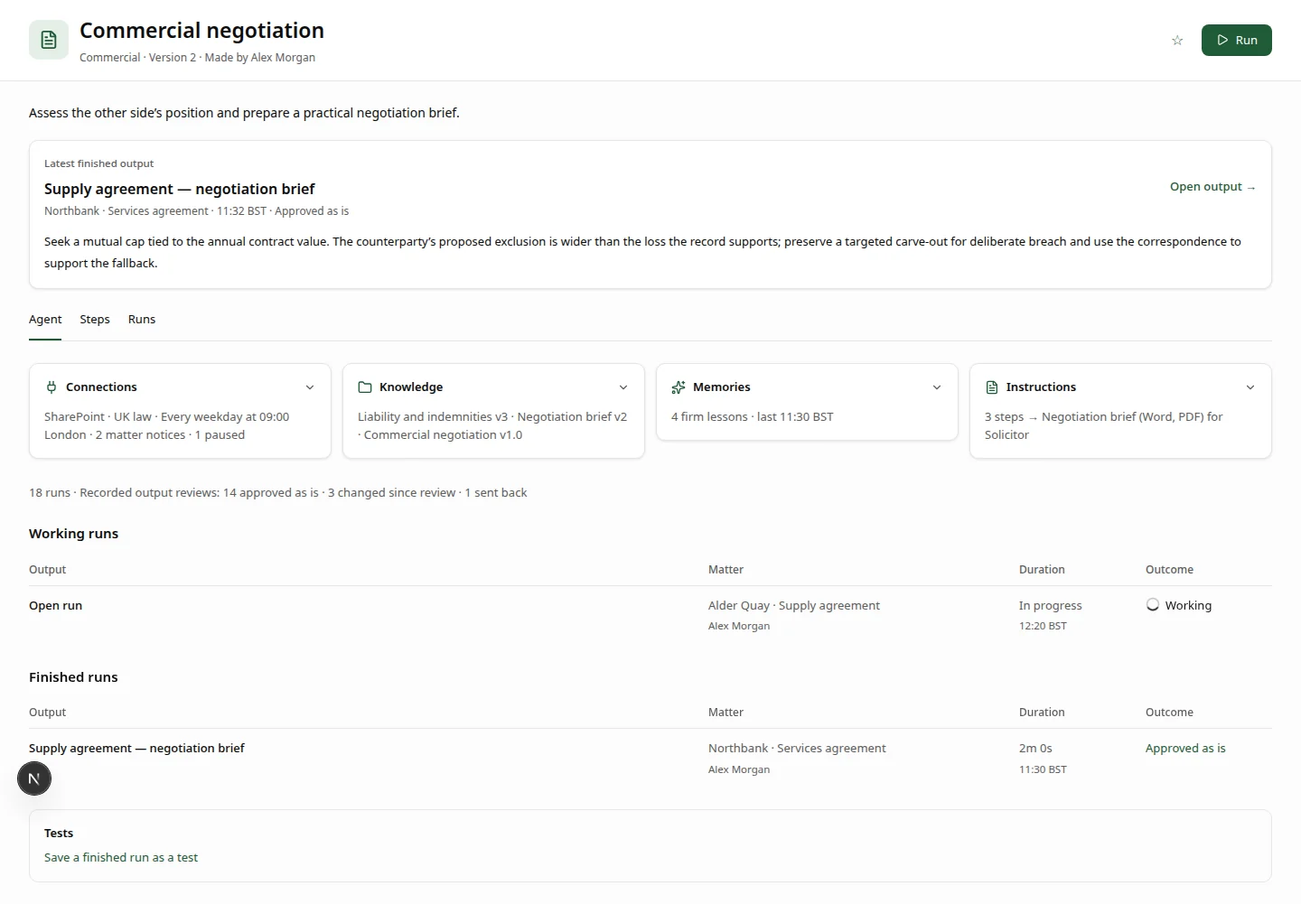 The profile of the Commercial negotiation Associate in Clava, showing its connections, knowledge, memories and instructions, its latest output and a list of its runs and outcomes.