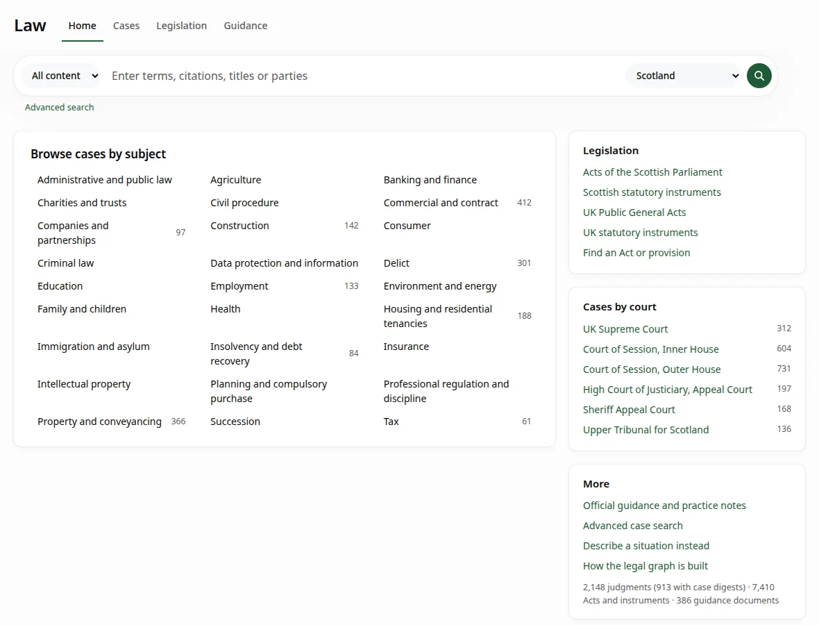 The Clava legal library, with a search box for terms, citations, titles or parties, Scottish cases browsed by subject, and lists of legislation and courts.